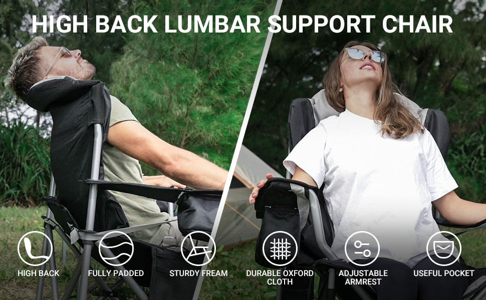 High Back Lumbar Support Camping Chair: Man and woman relaxing outdoors, showcasing features like high back, fully padded seat, sturdy frame, durable oxford cloth, adjustable armrests, and utility pockets, ideal for camping, picnic, fishing