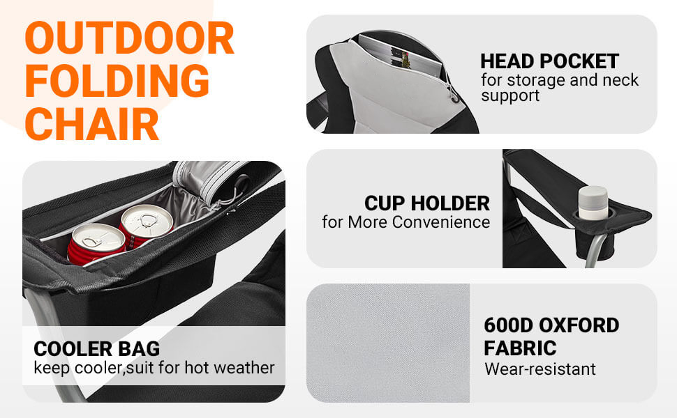 Outdoor Folding Chair with Cooler Bag, Head Pocket & Cup Holder, 600D Oxford Fabric, Portable Camping Chair for Fishing & Picnic