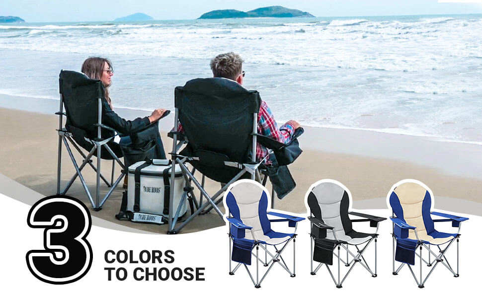 Beachside folding camping chair scene picture with 3 colors to choose from (blue and white/black and gray/blue and rice) for men and women enjoy leisurely views outdoors, paired with a cooler box, suitable for camping, fishing, and picnics, a portable high-back leisure chair