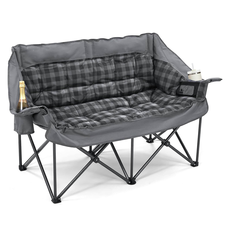 Double Folding Camping Chair, Plaid Quilted Padding, Dual Side Storage Pockets, Heavy Duty Outdoor Leisure Chair, Essential for Patio