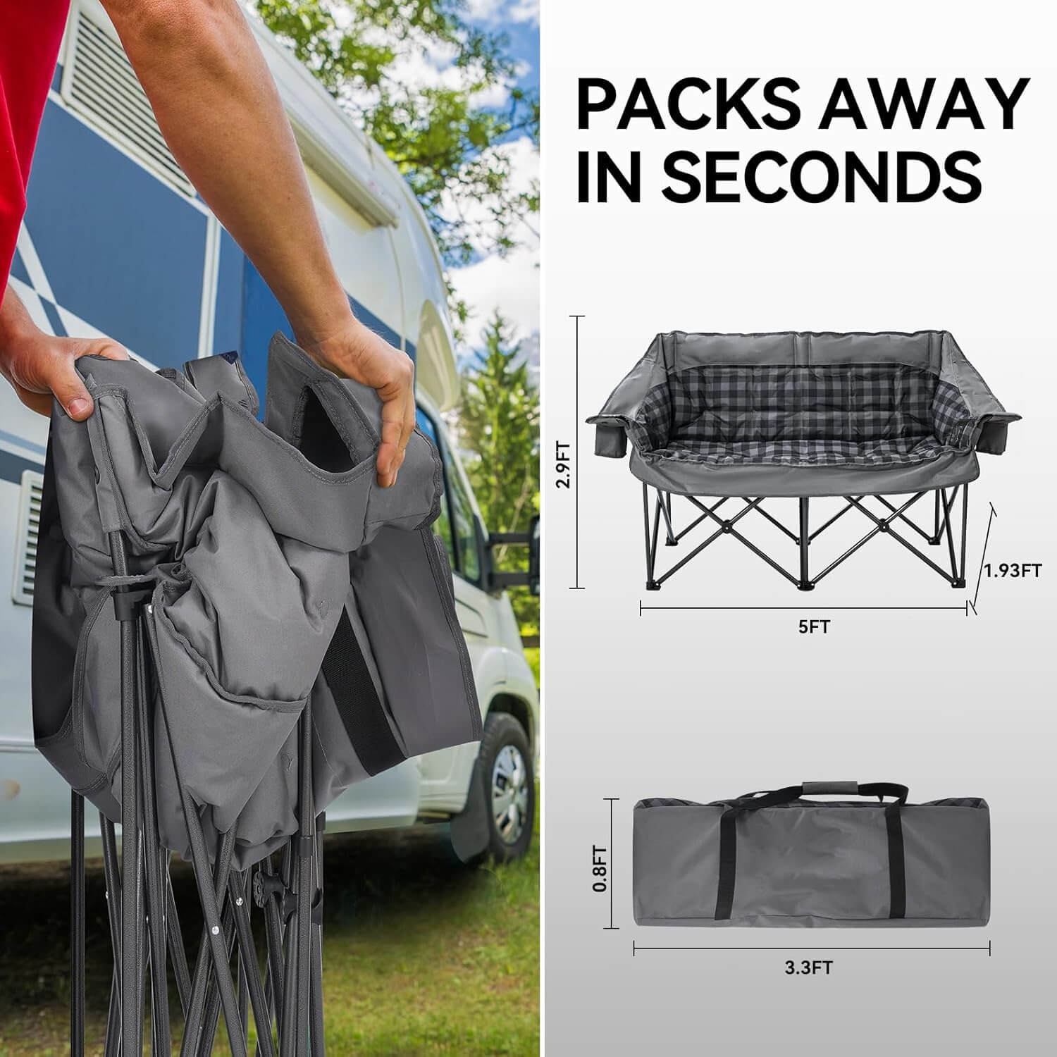 Grey double folding camping chair, quick to fold and store, comes with a portable storage bag, clear dimensions for unfolded and folded states, suitable for RV camping and oor scenarios