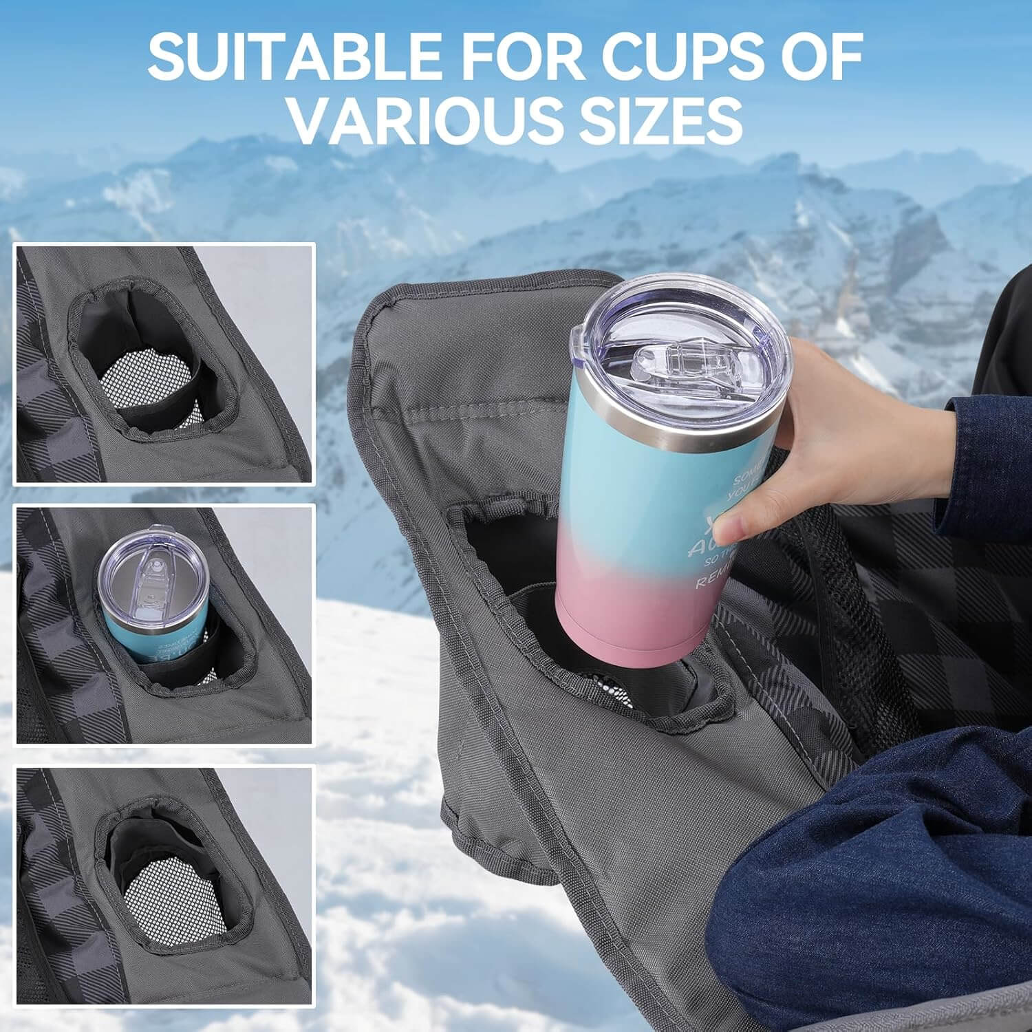 Gray folding chair side cup holder, fits cups of different sizes, mesh-lined design, practical storage for outdoor use.
