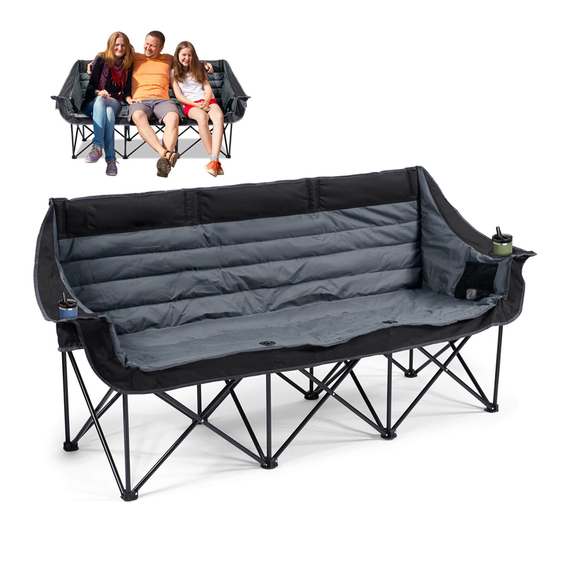An outdoor folding three-seater sofa, featuring a main body composed of thick, soft fabric cushions in a black-and-grey color-block design. It is equipped with cup holders and storage pockets on both sides, and supported by a black metal folding frame. The inset image above illustrates a family of three sitting comfortably on the sofa, showcasing its practical utility; the overall design is portable and functional, making it ideal for outdoor activities such as camping and picnics.
