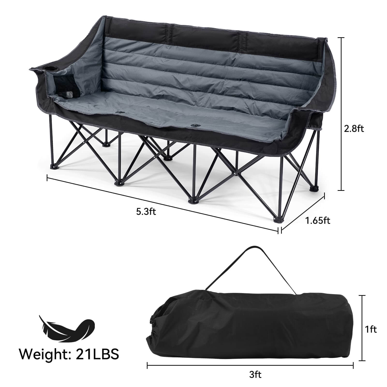 Two-tone black and gray, extra-thick quilted and padded sofa featuring a black metal folding frame. Dimensions: Length 5.3 ft, Width 1.65 ft, Height 2.8 ft. Includes cup holders and storage pockets on both sides.