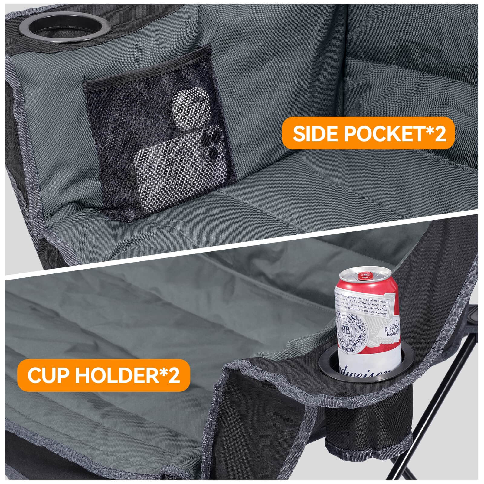 The backrest features a thick, dark-gray quilted fabric, while a black mesh storage pocket is positioned on the side—holding a game controller—to demonstrate its practical utility for stowing small items.