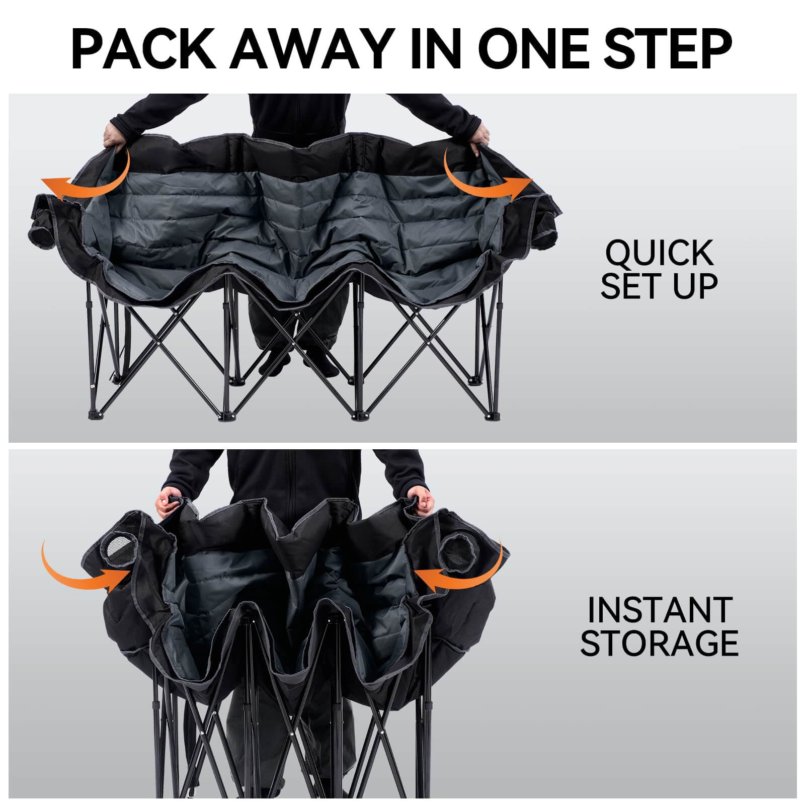 This is a comparison image demonstrating the one-step storage functionality of an outdoor folding sofa, divided into upper and lower sections.