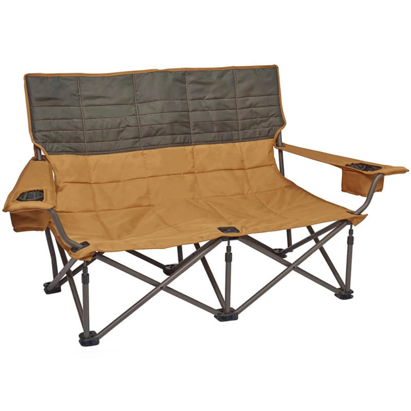 A two-person folding camping chair featuring a spliced ​​design in brown-yellow and dark green, complete with armrests, cup holders, and a metal folding frame.