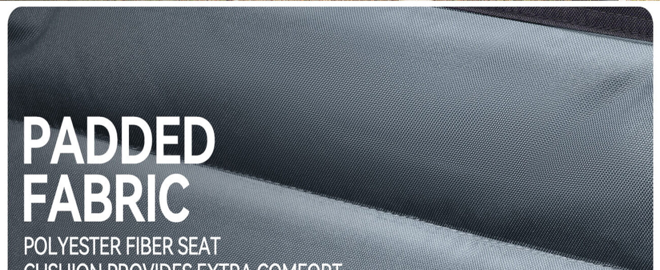 A close-up of the main material—a thickened, dark gray polyester fabric—revealing a fine, dense weave texture and a layered, quilted quality that appears visually substantial and soft.