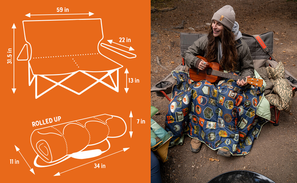 A split-image layout: left side shows white line-art technical drawings of a camping blanket, with dimensions labeled (59 in width, 31.5 in height, 13 in seat height, 22 in armrest length; rolled-up size: 34 in × 11 in × 7 in). Right side features a smiling woman in a beanie sitting on a camping chair, playing a ukulele while wrapped in a blue camping blanket decorated with colorful patch designs, in a wooded outdoor setting