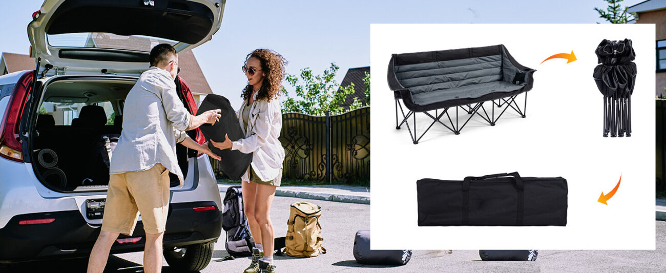 Left: An outdoor scene featuring a man and a woman placing a black storage bag into the open trunk of an SUV. Backpacks and camping gear are visible on the ground, illustrating a practical use case for portable storage. Right: A step-by-step diagram of the product's packing process. Orange arrows trace the transformation of a black-and-gray, three-seater folding camping sofa as it is—folded into a compact bundle—and then inserted into a long, black portable storage bag, vividly demonstrating the convenience of this one-step storage solution.