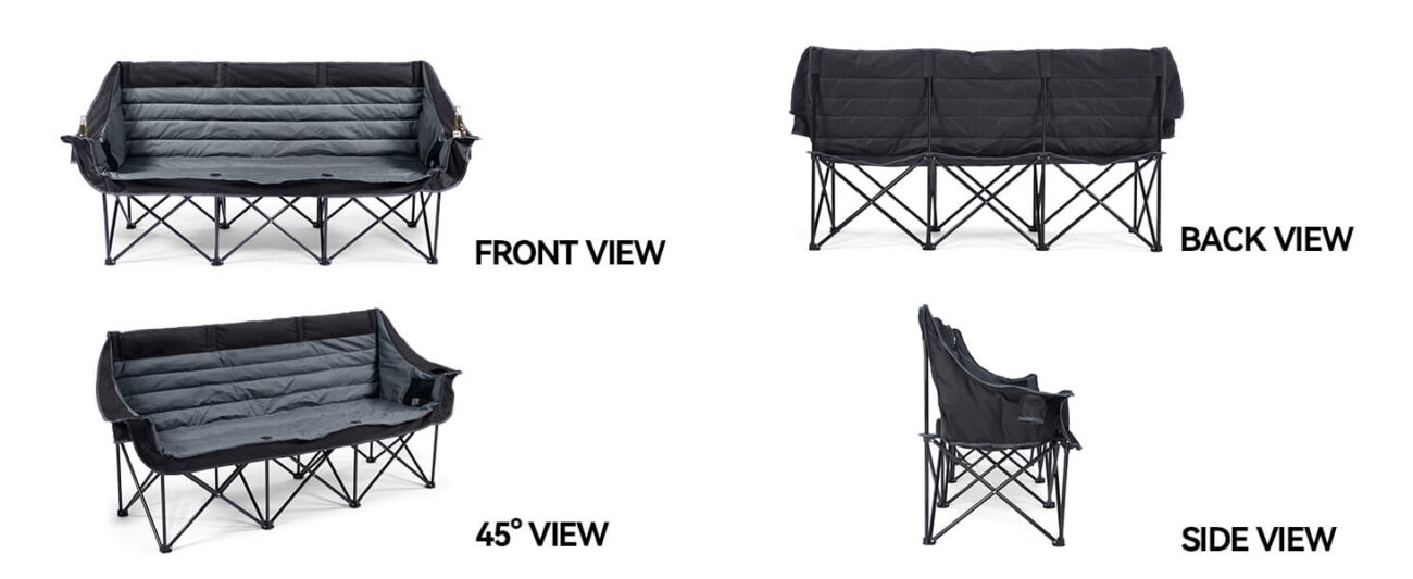 FRONT VIEW: The front of the sofa is visible, featuring thick, quilted gray seat cushions and backrests, integrated cup holders on both sides, and a sturdy supporting frame of crossed black metal tubing; the overall design accommodates three people. BACK VIEW: Displays the sofa's black quilted backrest; the frame structure mirrors that of the front view, highlighting the product's ample padding and supportive contours from the rear. 45° VIEW: Presents the sofa from an oblique angle, revealing the curvature of the seat cushions and backrests, the contours of the armrests on both sides, and the crossed configuration of the supporting frame. SIDE VIEW: Shows the side profile of the sofa, making visible the armrests, side storage pockets, and the lateral form of the folding frame; this view illustrates the product's substantial thickness and its portable, collapsible structure.