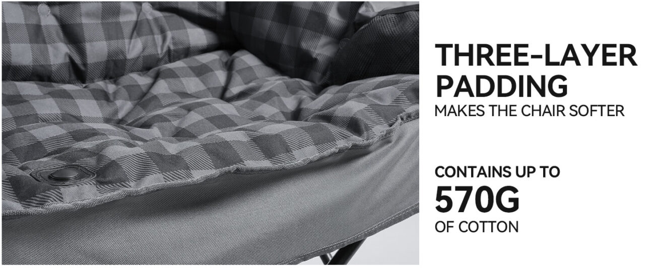 Close-up of grey plaid padded double camping chair seat, showing three-layer padding with up to 570g of cotton for extra softness.