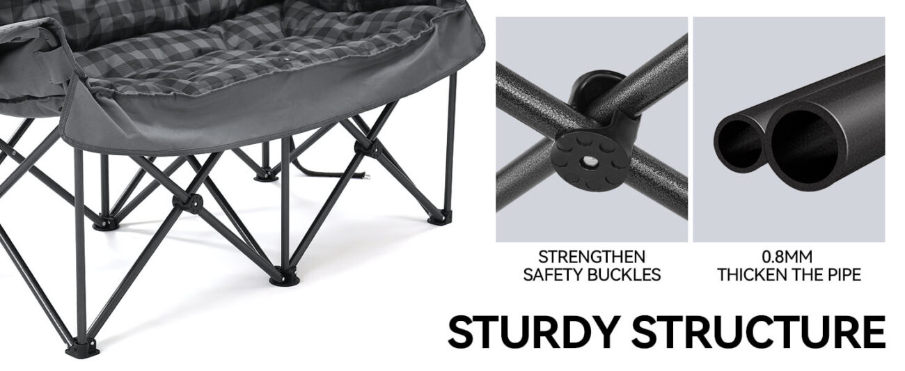 Padded double camping chair with sturdy structure, featuring strengthen safety buckles and 0.8mm thickened metal frame for durability