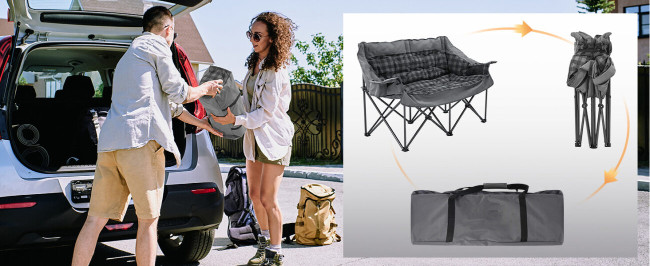 Padded double camping chair shown in three states: fully set up, folded, and packed into a carry bag, with a couple loading it into a car trunk for easy portability