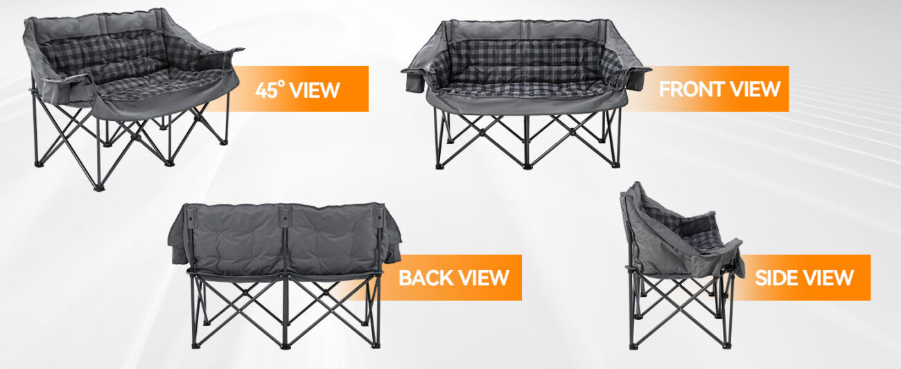 Four views of grey plaid padded double camping chair: 45-degree view, front view, back view, and side view, showing its design and structure from all angles